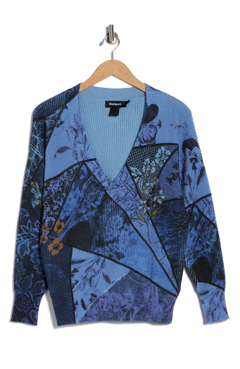 Desigual Floral Ribbed Pullover Sweater, Alternate, color, Blue