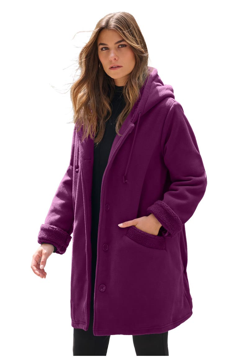 Plus Size Hooded Fleece Fleece Coat, Main, color, DARK BERRY