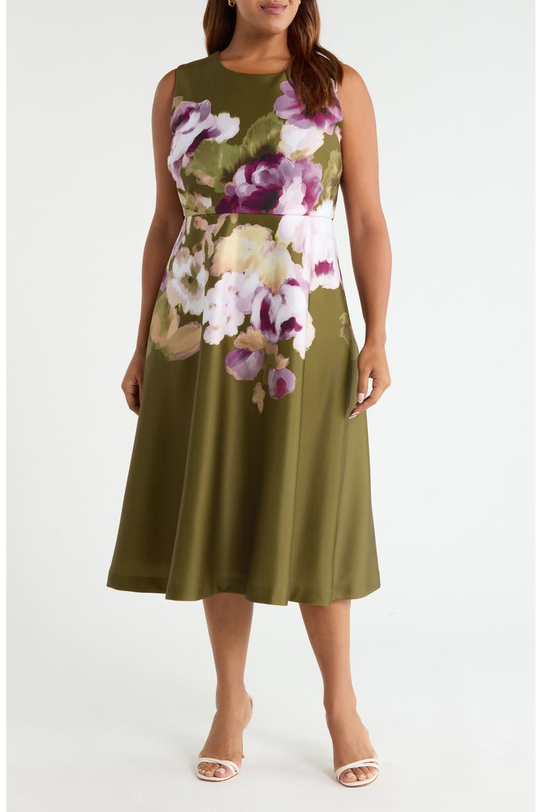 Placed Floral Sleeveless Satin Midi Dress, Main, color, IVY MULTI