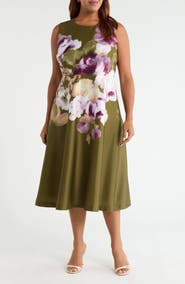 Anne Klein Placed Floral Sleeveless Satin Midi Dress