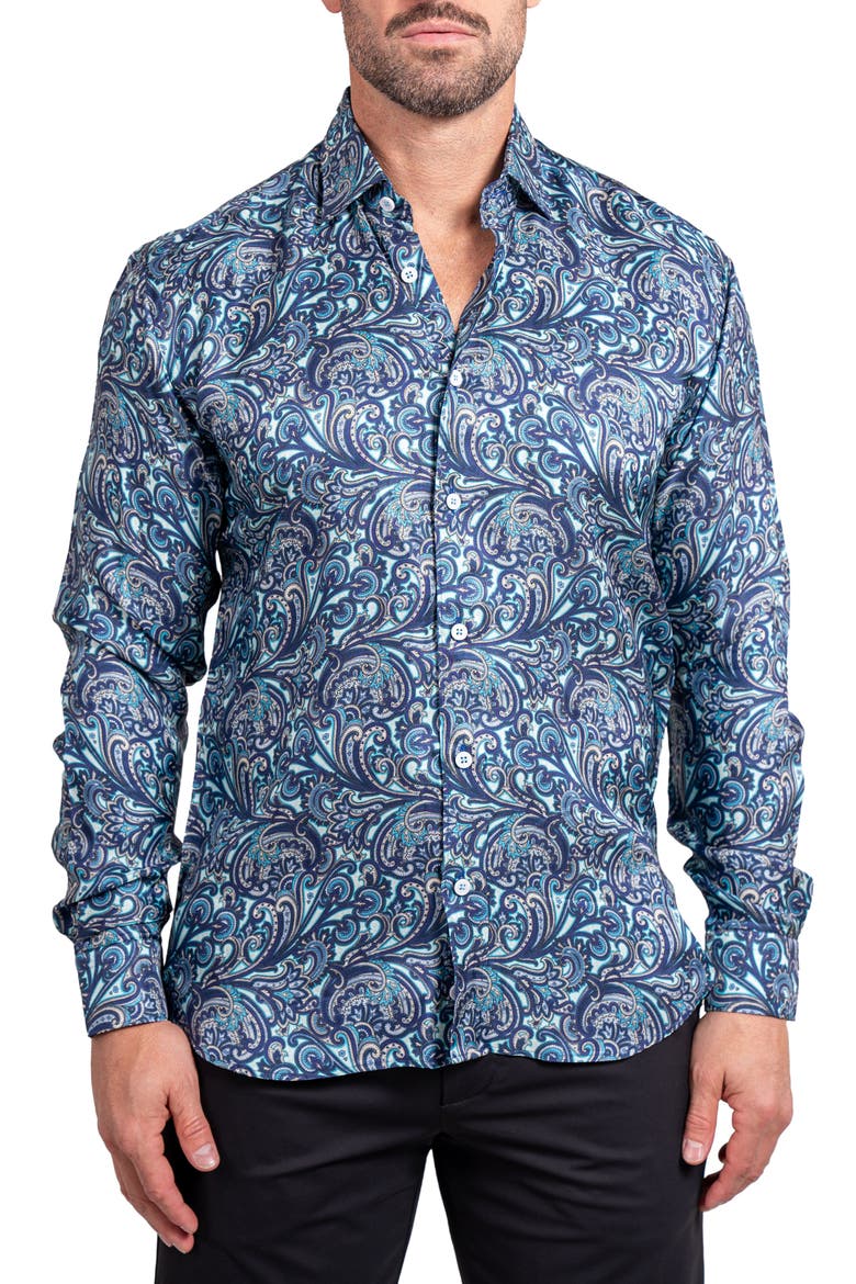 Fibonacci Ascension 0219 Paisley Contemporary Fit Button-Up Shirt, Main, color, BLUE