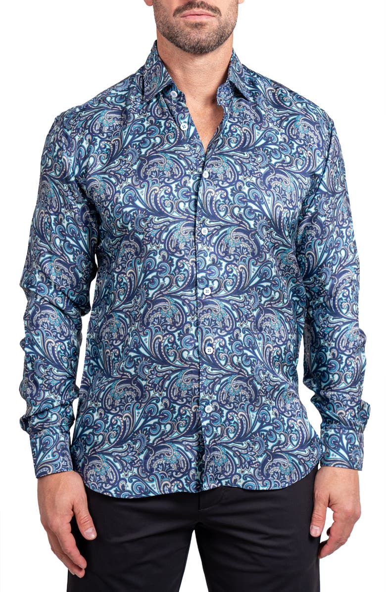 Maceoo Fibonacci Ascension 0219 Paisley Contemporary Fit Button-Up Shirt, Main, color, Blue