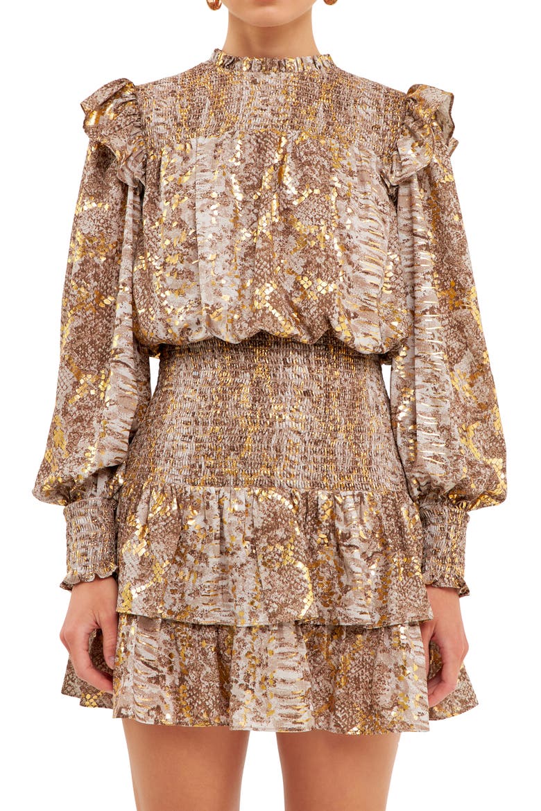 Snakeskin Print Smocked Long Sleeve Minidress, Alternate, color, GOLD