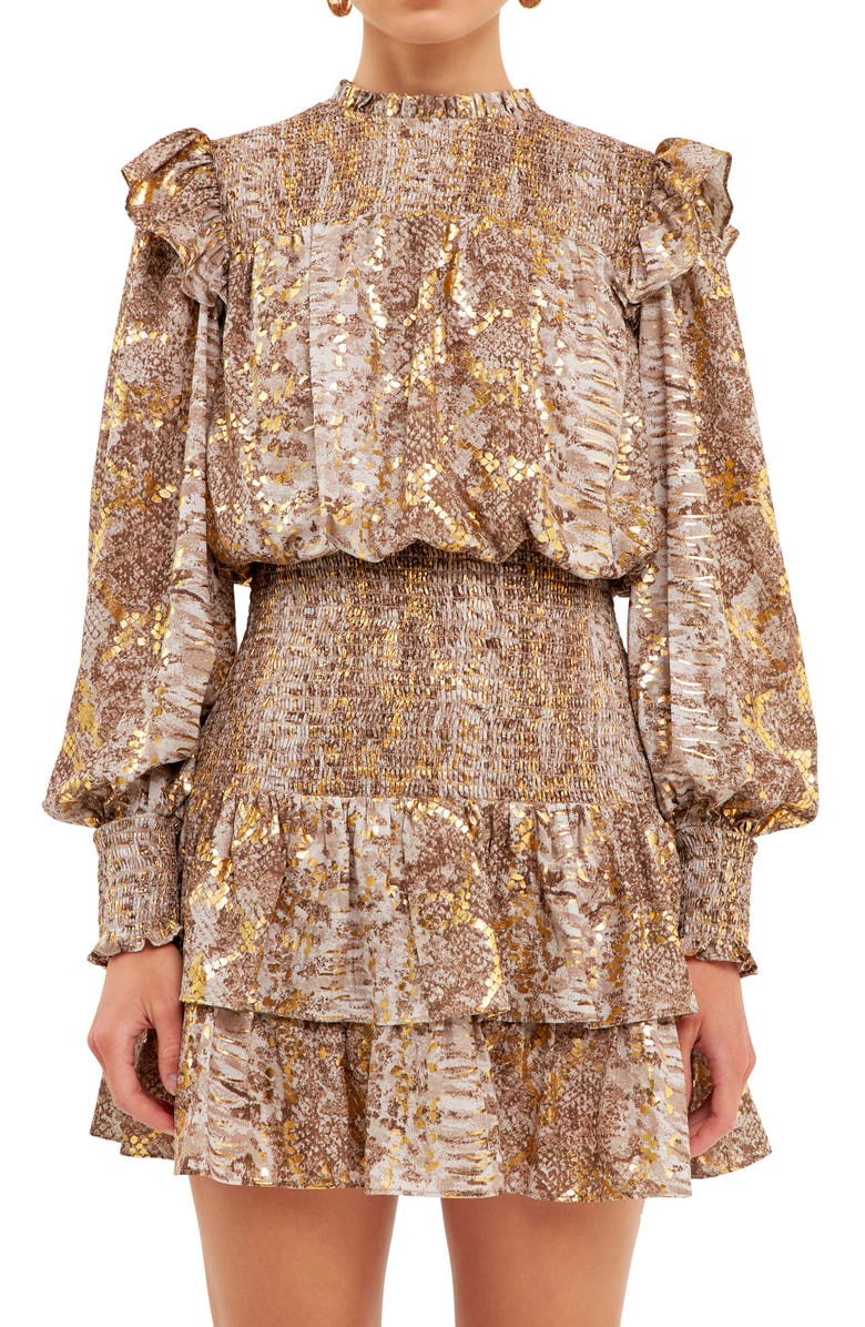 Endless Rose Snakeskin Print Smocked Long Sleeve Minidress, Alternate, color, Gold