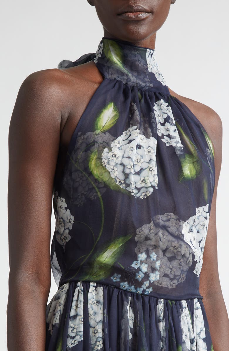 Oscar de la Renta Porcelain Flowers Pleated Silk Chiffon Gown, Alternate, color, Denim/ Navy