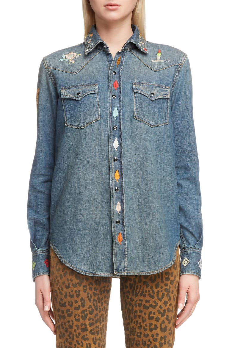 Embroidered Western Denim Shirt, Main, color, RUSTY BLUE