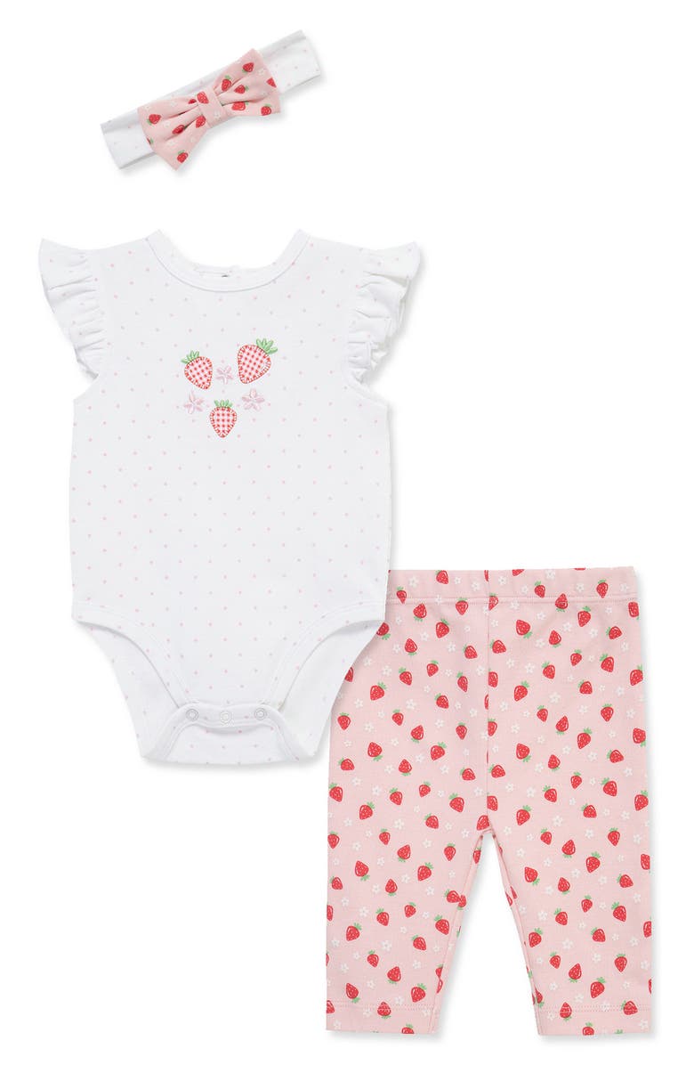 Little Me Strawberry Bodysuit, Leggings & Headband Set, Main, color, Pink