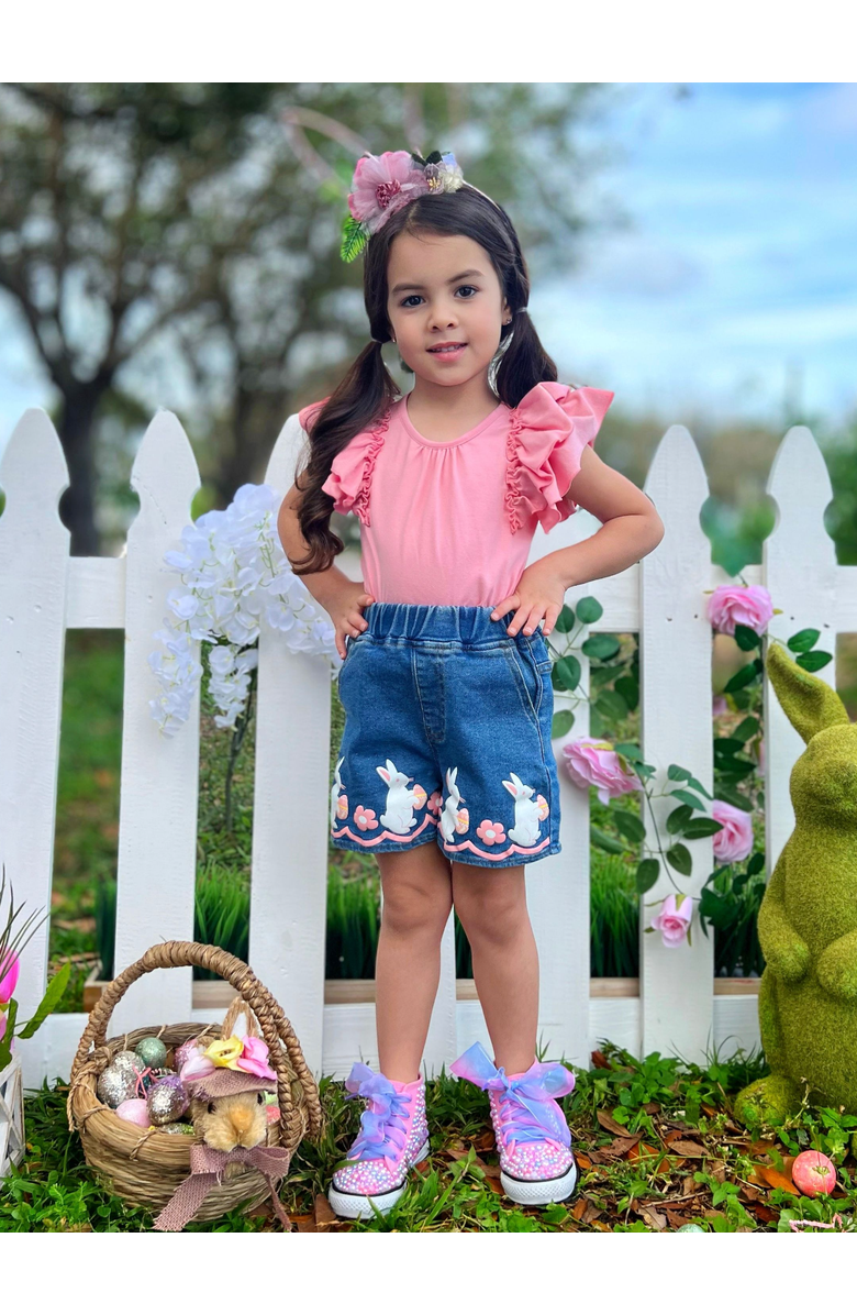 Mia Belle Girls Girls Bunny Business Denim Shorts Set, Alternate, color, Pink