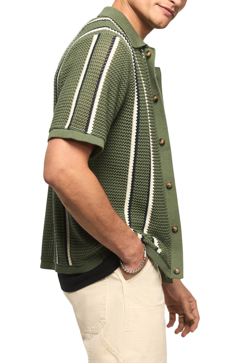Stripe Short Sleeve Cotton Button-Up Sweater, Alternate, color, LAUREL WREATH