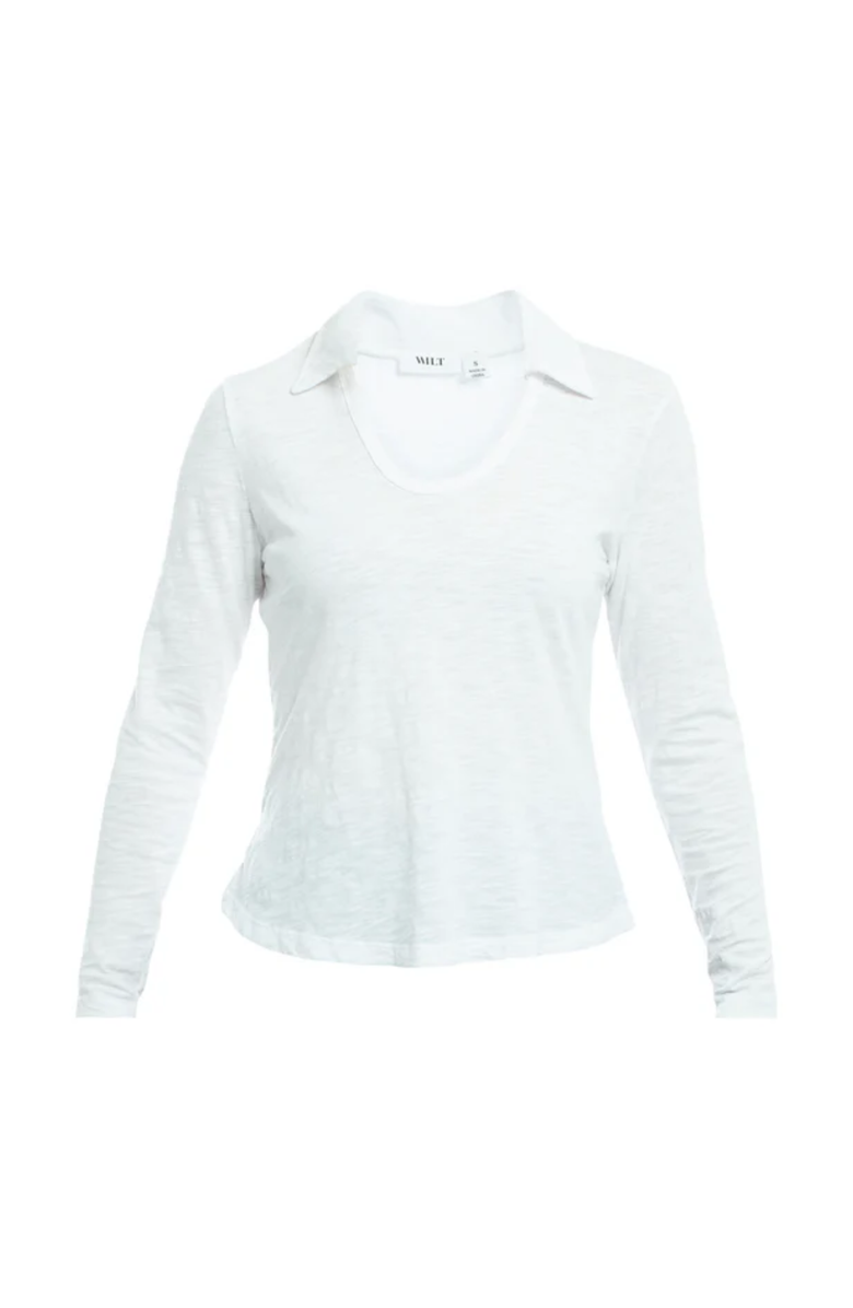 WILT Clothing Scoop Neck Long Sleeve Polo Tee with Round Hem, Alternate, color, White