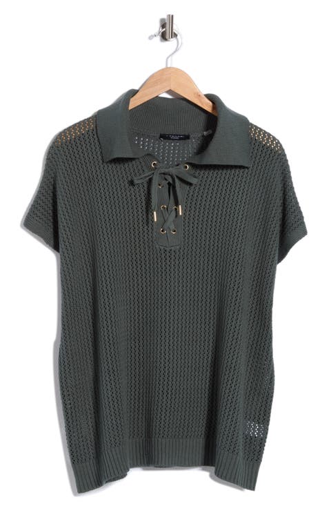 Tie Neck Short Sleeve Open Stitch Sweater