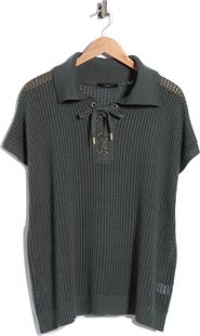 T Tahari Tie Neck Short Sleeve Open Stitch Sweater