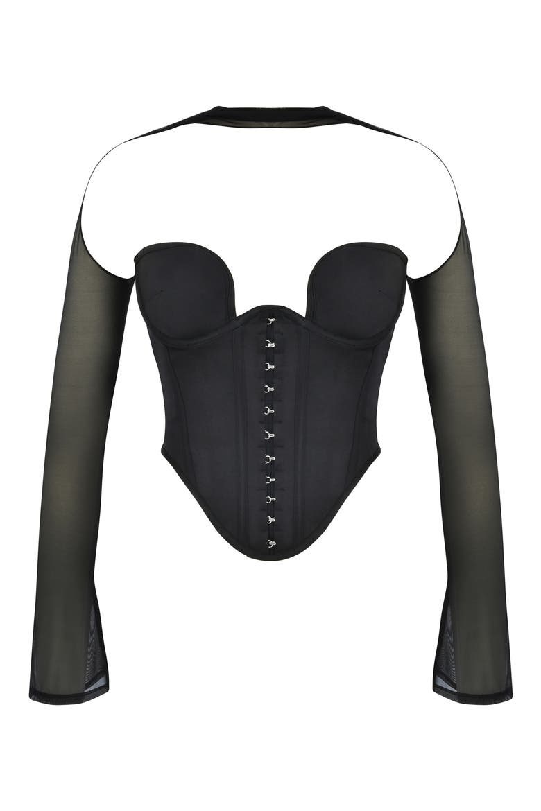 Mina Plunge Long Sleeve Structured Corset Top, Main, color, BLACK