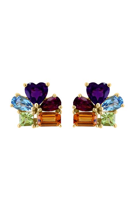 14K Yellow Gold ,Amethyst,Blue Topaz,Citrine,Rhodolite,Peridot Earrings