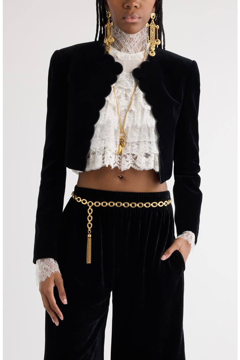Scalloped Open Front Velveteen Crop Jacket, Main, color, BLACK
