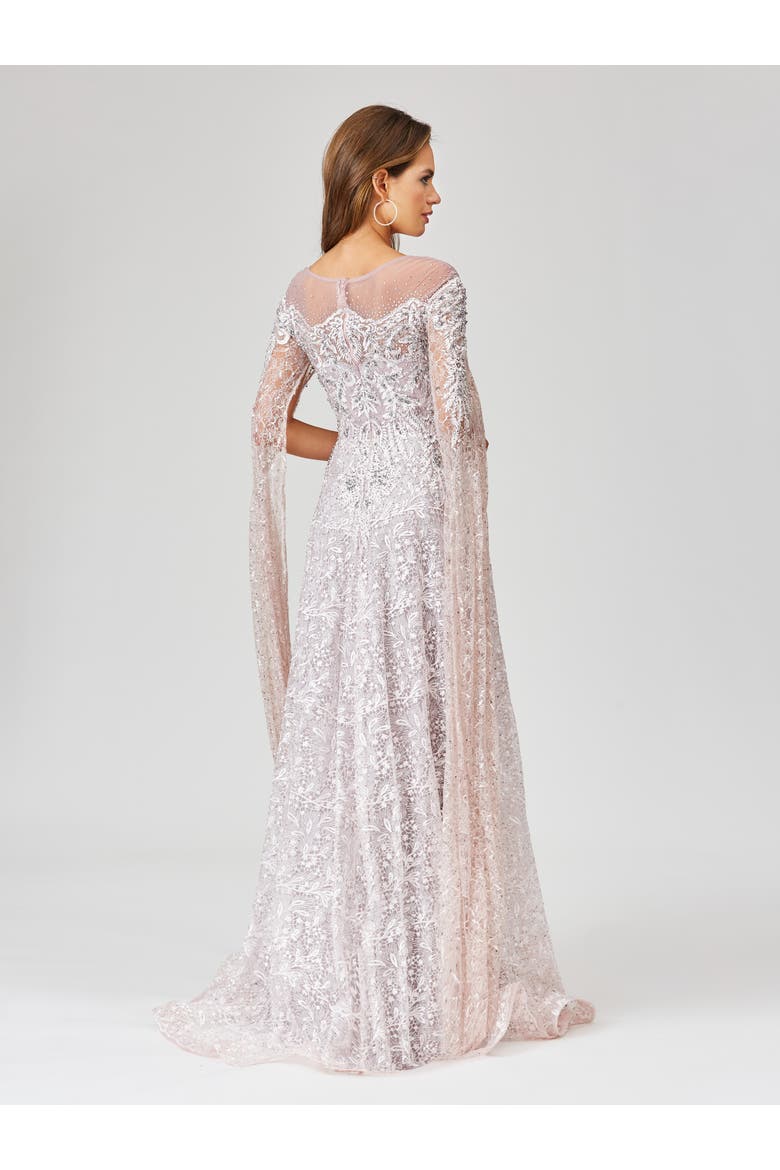 Lace Gown with Dramatic Cape Sleeves, Alternate, color, PowderPink