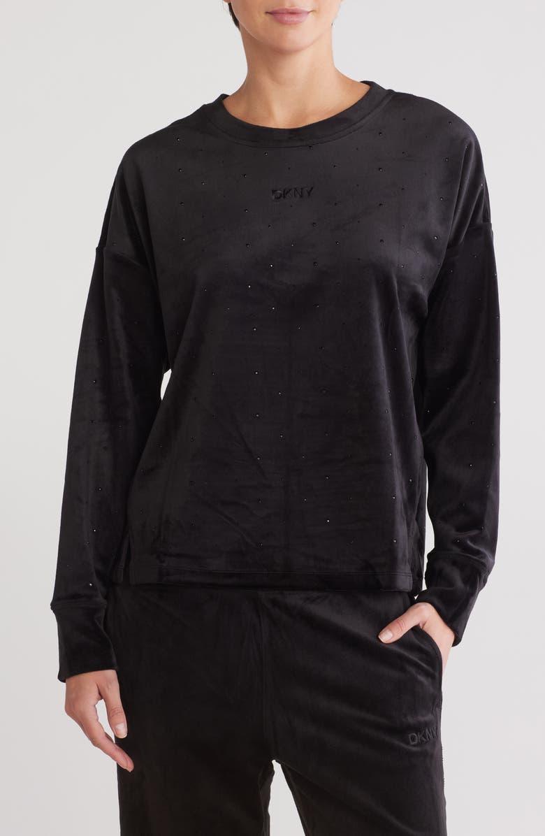 DKNY Platinum Velour Rhinestone Pullover Sweatshirt, Main, color, 