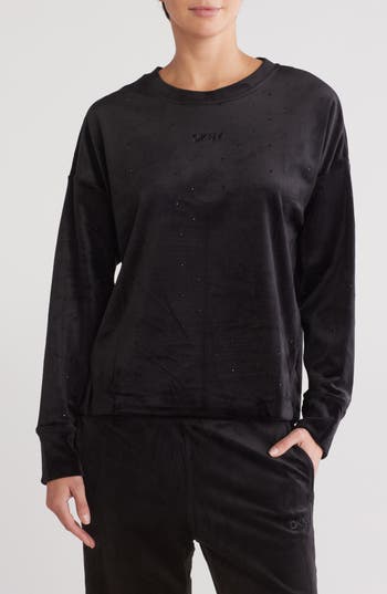 Shop Dkny Platinum Velour Rhinestone Pullover Sweatshirt In Black/black