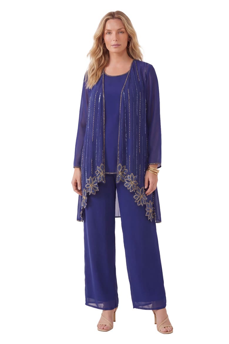 Plus Size Long Sleeve Floral Beaded Georgette Three Piece Pant Set, Main, color, ULTRA BLUE