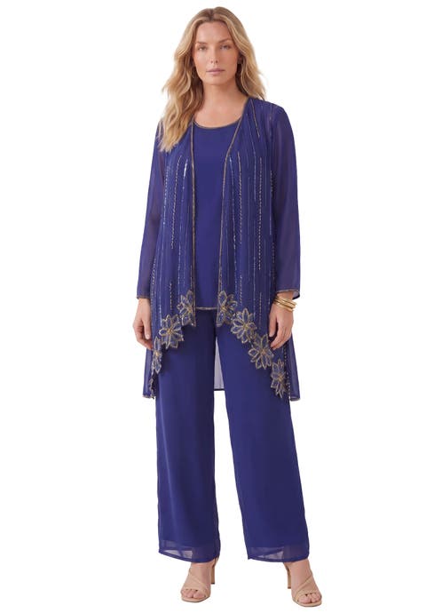 Plus-Size Long Sleeve Floral Beaded Georgette Three-Piece Pant Set (Plus)