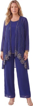 Roaman's Plus Size Long Sleeve Floral Beaded Georgette Three Piece Pant Set