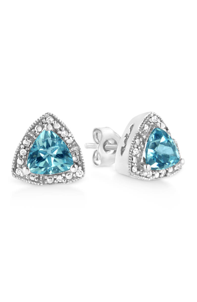 Haus of Brilliance Silver 6x6 mm Trillion Blue Topaz Gemstone and Diamond Accent Stud Earring, Alternate, color,