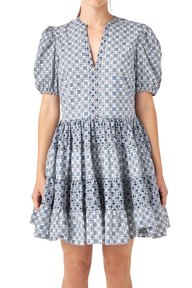 Tile Print Tiered Cotton Dress, Alternate, color, WHITE/ BLUE