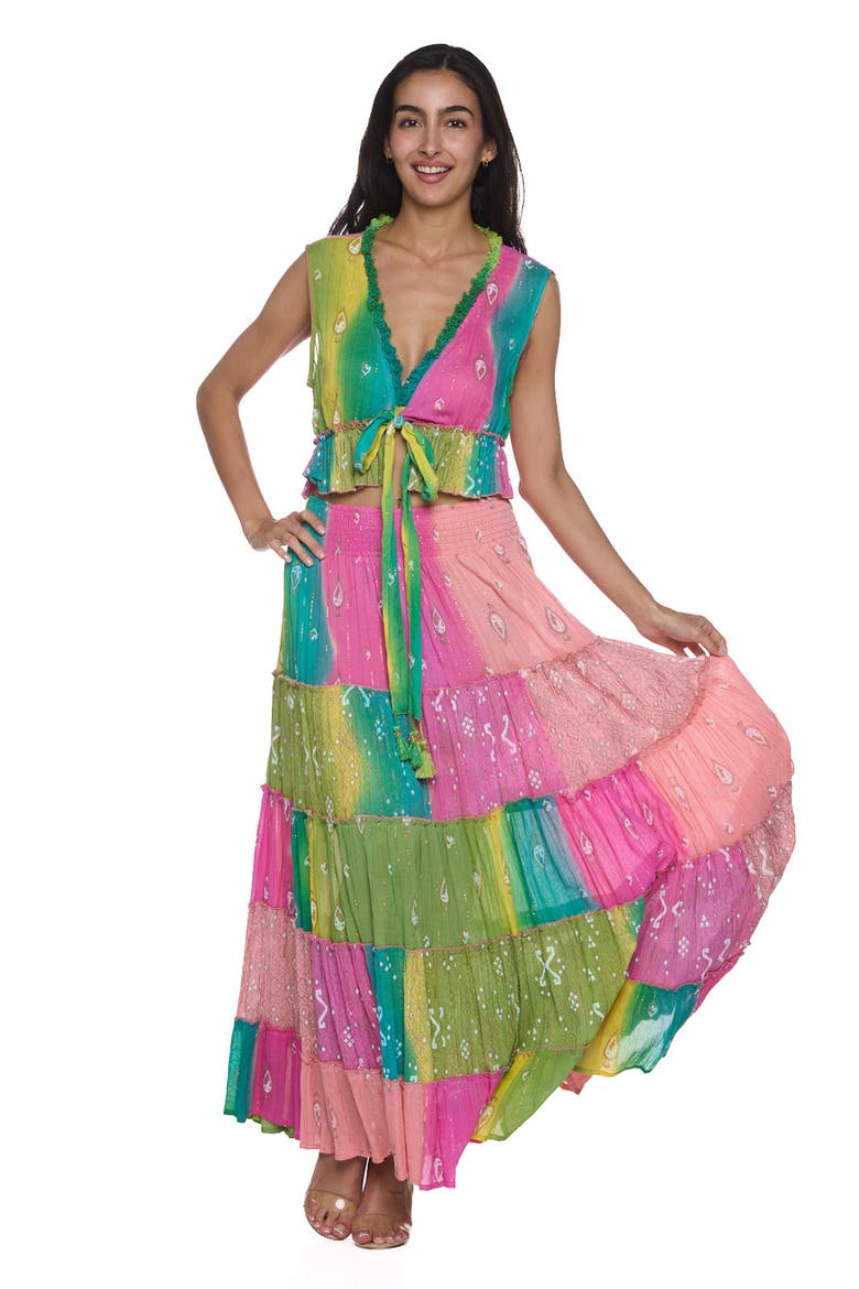 Fringe Trim Metallic Crop Top & Maxi Skirt Set, Alternate, color, PINK