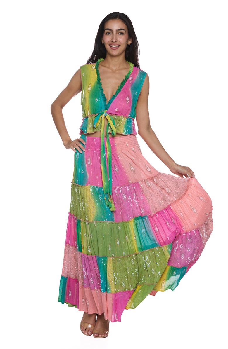 RANEES Fringe Trim Metallic Crop Top & Maxi Skirt Set, Alternate, color, Pink