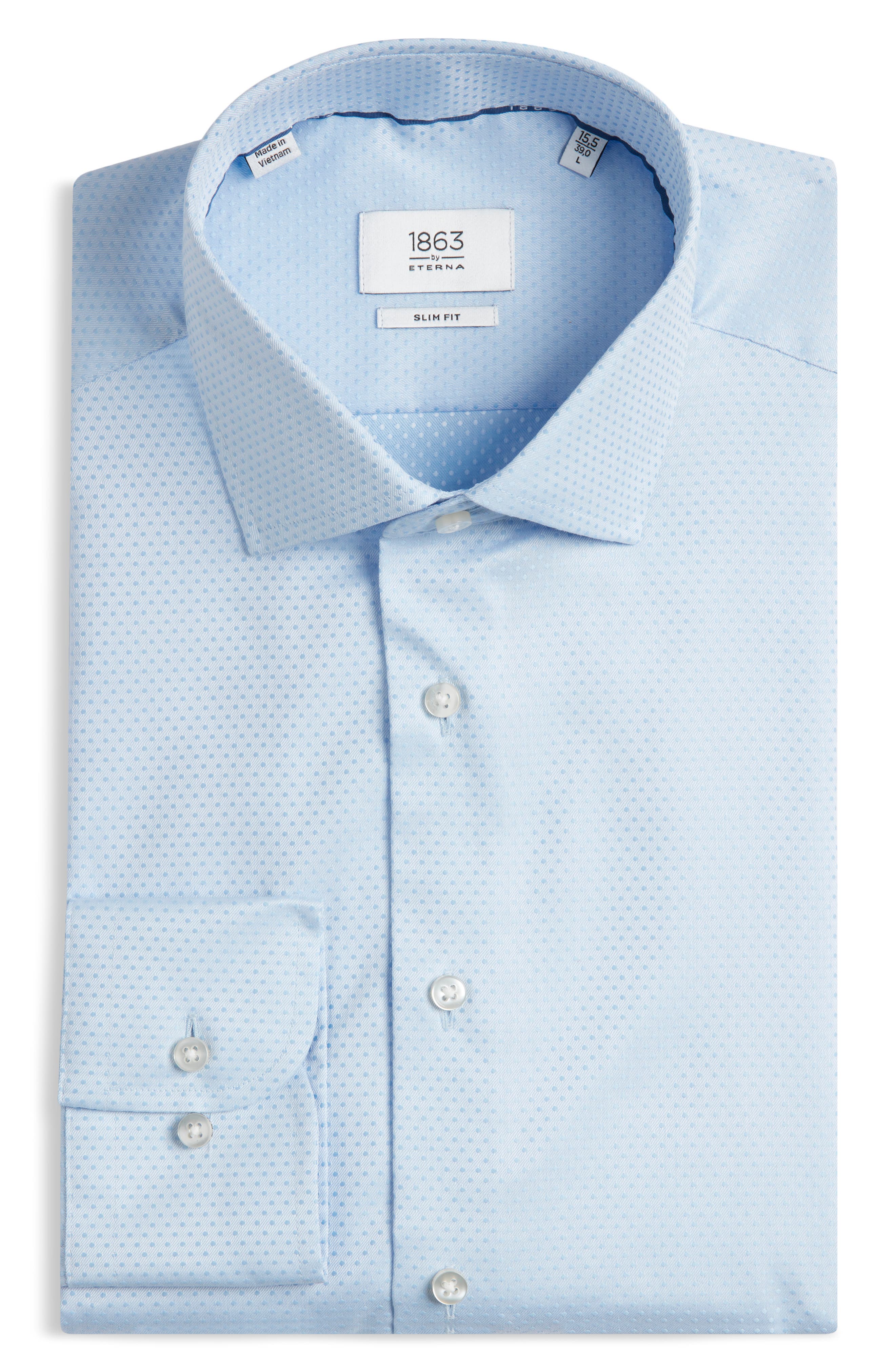 1863 By Eterna Slim Fit Dot Pattern Non-iron Cotton Dobby Dress Shirt In Blue