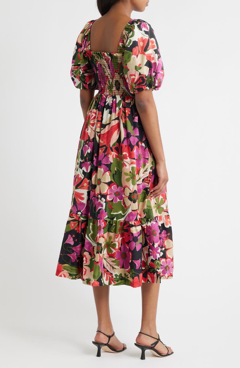 Anne Klein Puff Sleeve Smocked Bodice Cotton Sundress, Main, color, Anne Black Multi