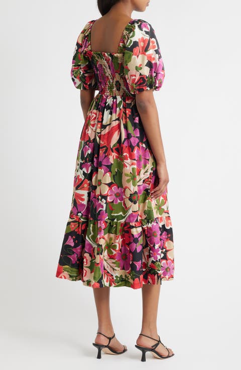 Puff Sleeve Smocked Bodice Cotton Sundress