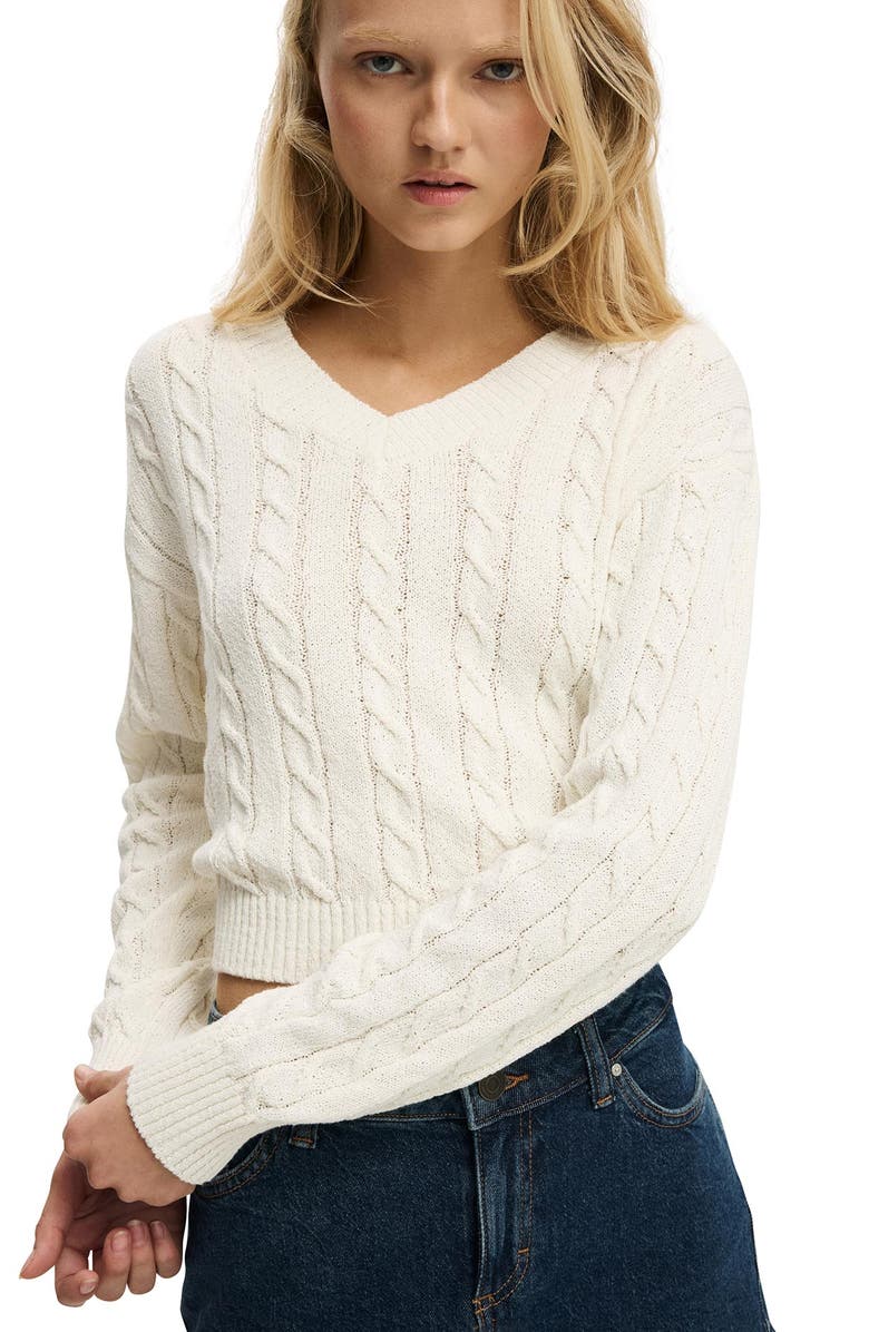 Cotton On Women's V-Neck Cotton Cropped Cable Pullover, Alternate, color, 
