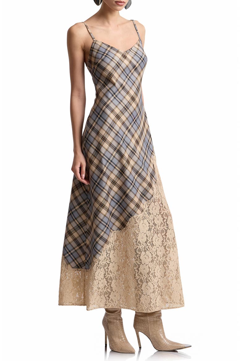 Lace Trim Bias Cut Maxi Dress, Alternate, color, LT BROWN PLAID