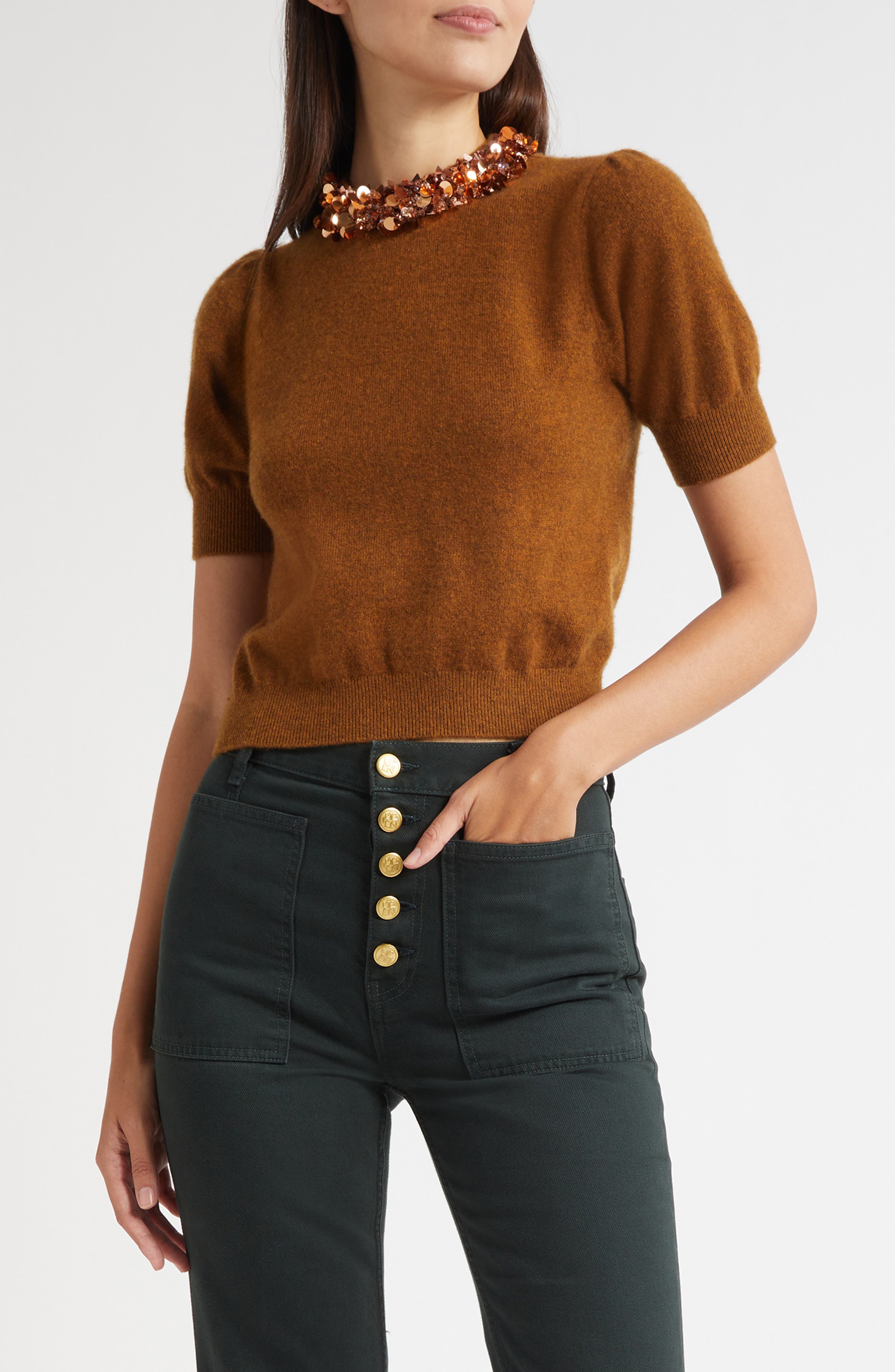 Crystal Collar Short Sleeve Cashmere Sweater