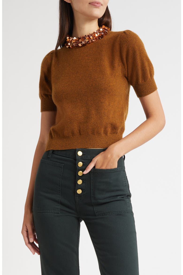 Crystal Collar Short Sleeve Cashmere Sweater, Main, color, UMBER
