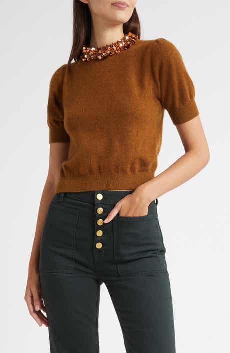 Ulla Johnson Crystal Collar Short Sleeve Cashmere Sweater