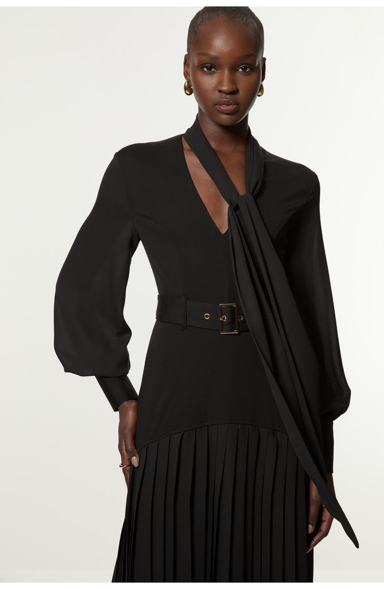 Karen Millen Jersey Ponte Georgette Mix Midi Dress, Alternate, color, Black