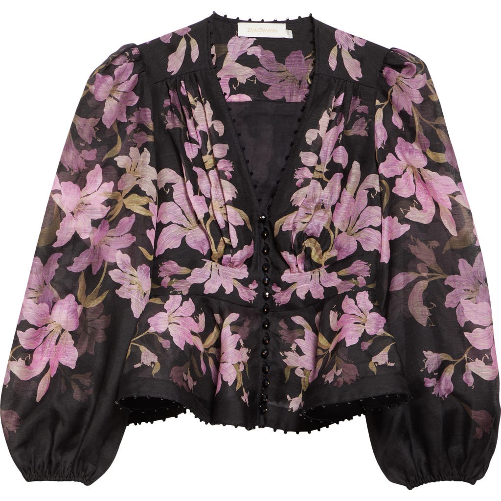 Zimmermann Dawning Bead-embellished Floral-print Linen And Silk-blend Blouse In Black Lily