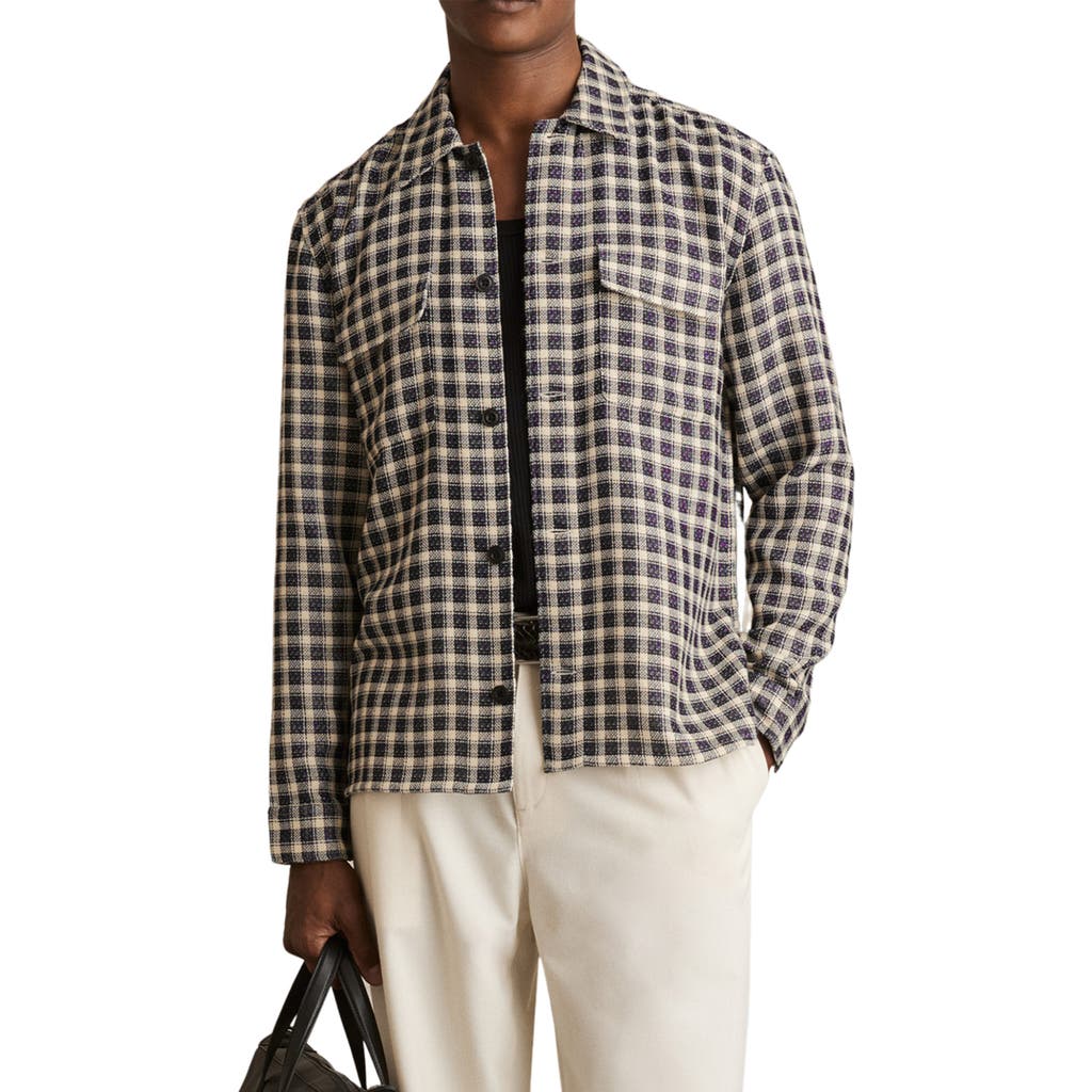 Reiss Navy/white Woven Check Twin Pocket Overshirt In Black