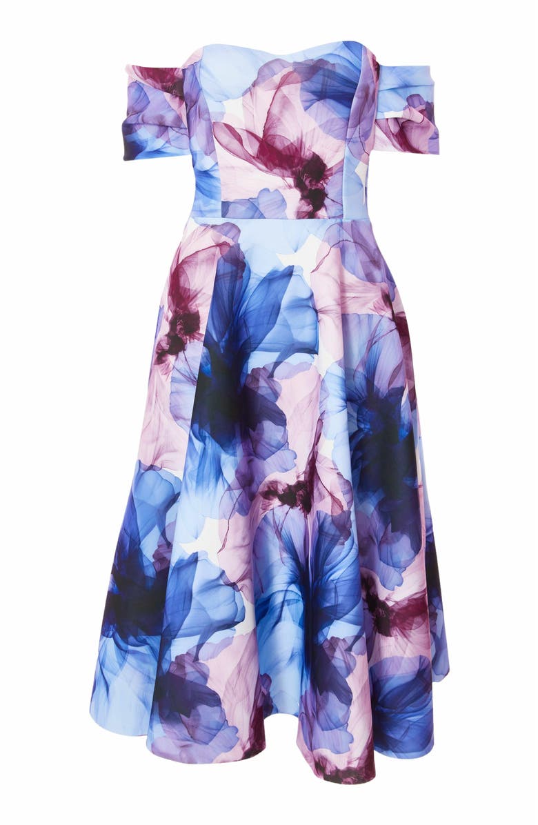 QUIZ Scuba Knit Floral Print Bardot Midi Skater Dress, Alternate, color, 