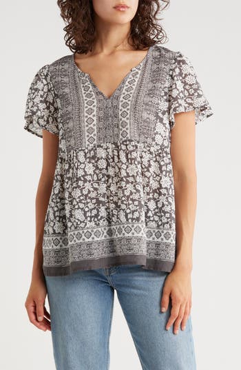 Lucky Brand Mix Floral Print Flutter Sleeve Cotton Top In Gray