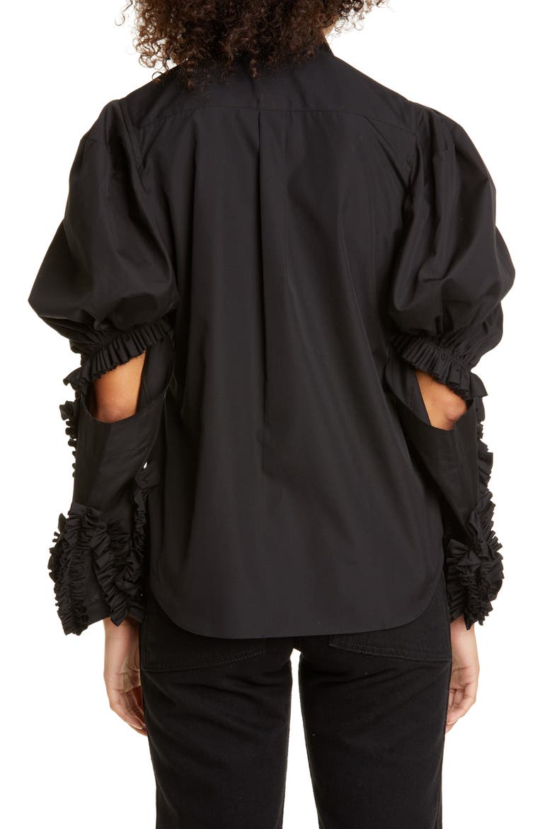 Puff Sleeve Ruffle Cotton Shirt, Alternate, color, BLACK