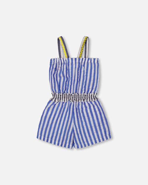 Deux Par Deux Little Girl's Sleeveless Seersucker Romper Blue And White Striped In Blue And White Striped
