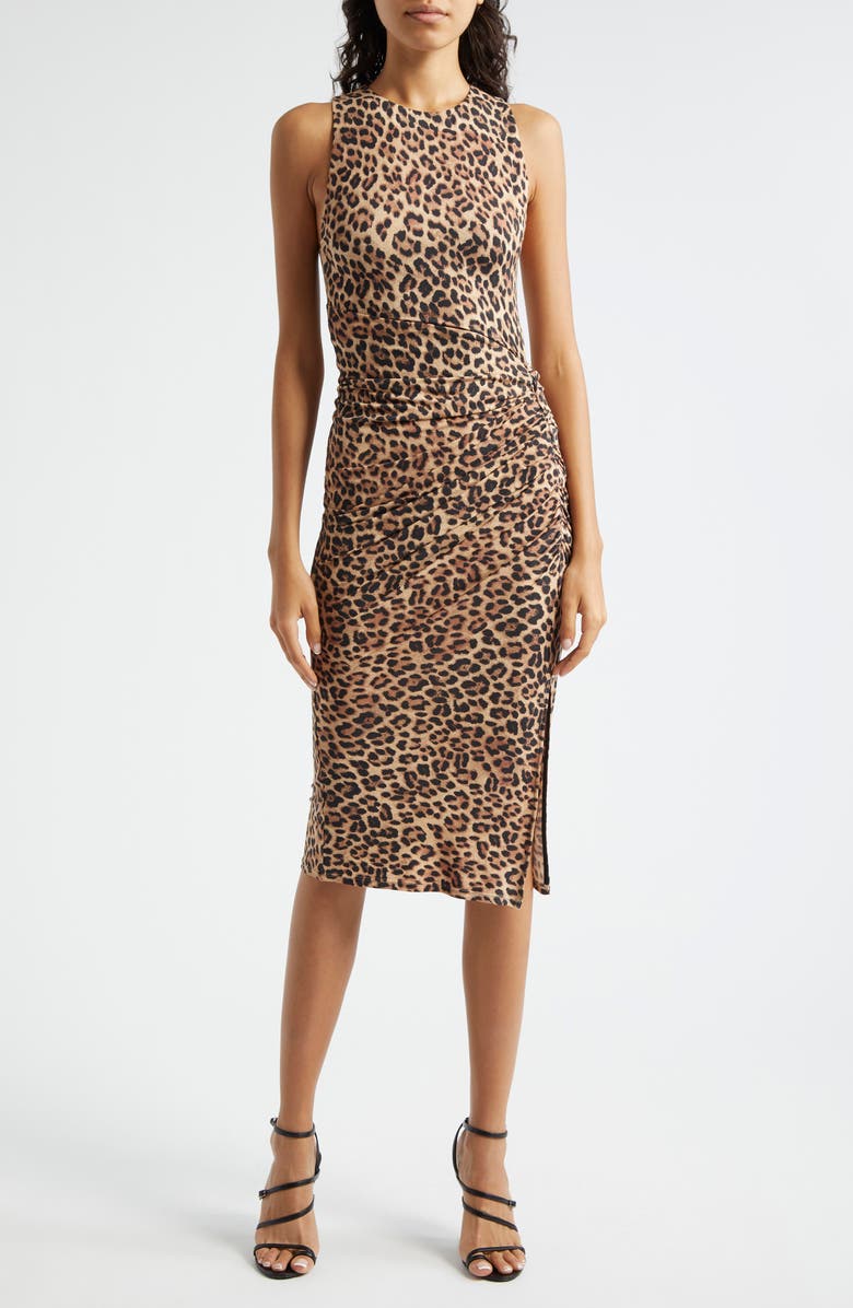 Alice + Olivia Mardell Leopard Print Side Ruched Midi Dress, Main, color, Leopard Love