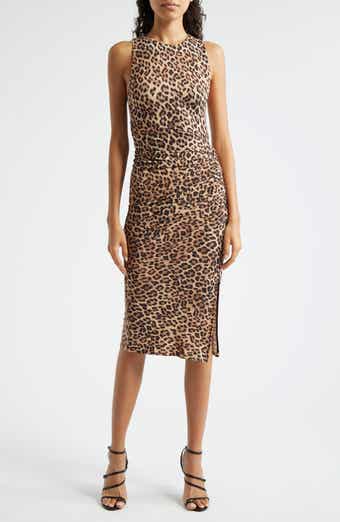 Alice + Olivia Mardell Leopard Print Side Ruched Midi Dress