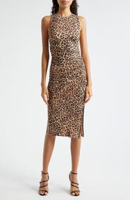 Alice + Olivia Mardell Leopard Print Side Ruched Midi Dress
