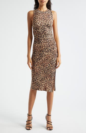 Alice And Olivia Delora Sleeveless Fitted Leopard Mock-neck Dress In Leopard Love