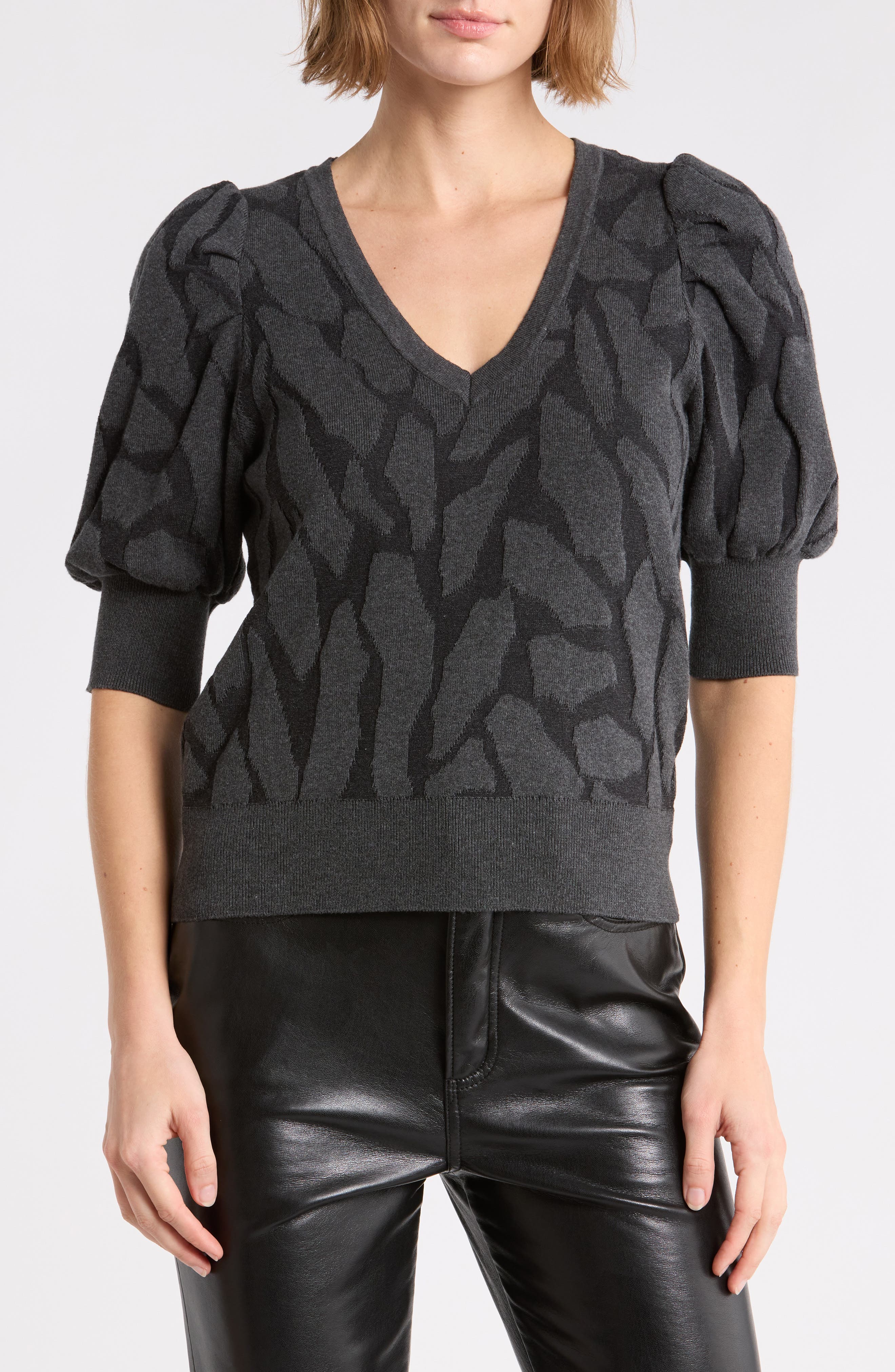 Puff Sleeve Textured V-Neck Sweater