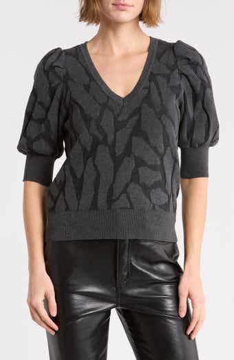 Puff Sleeve Textured V-Neck Sweater